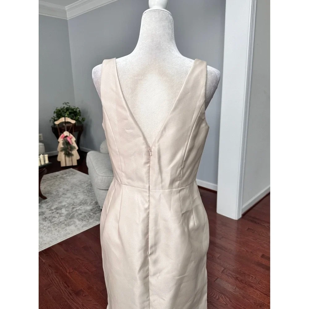 Alfred Sung Beige Champagne Satin Plunge Gown Dress with Pockets Size 8 - Picture 5 of 11